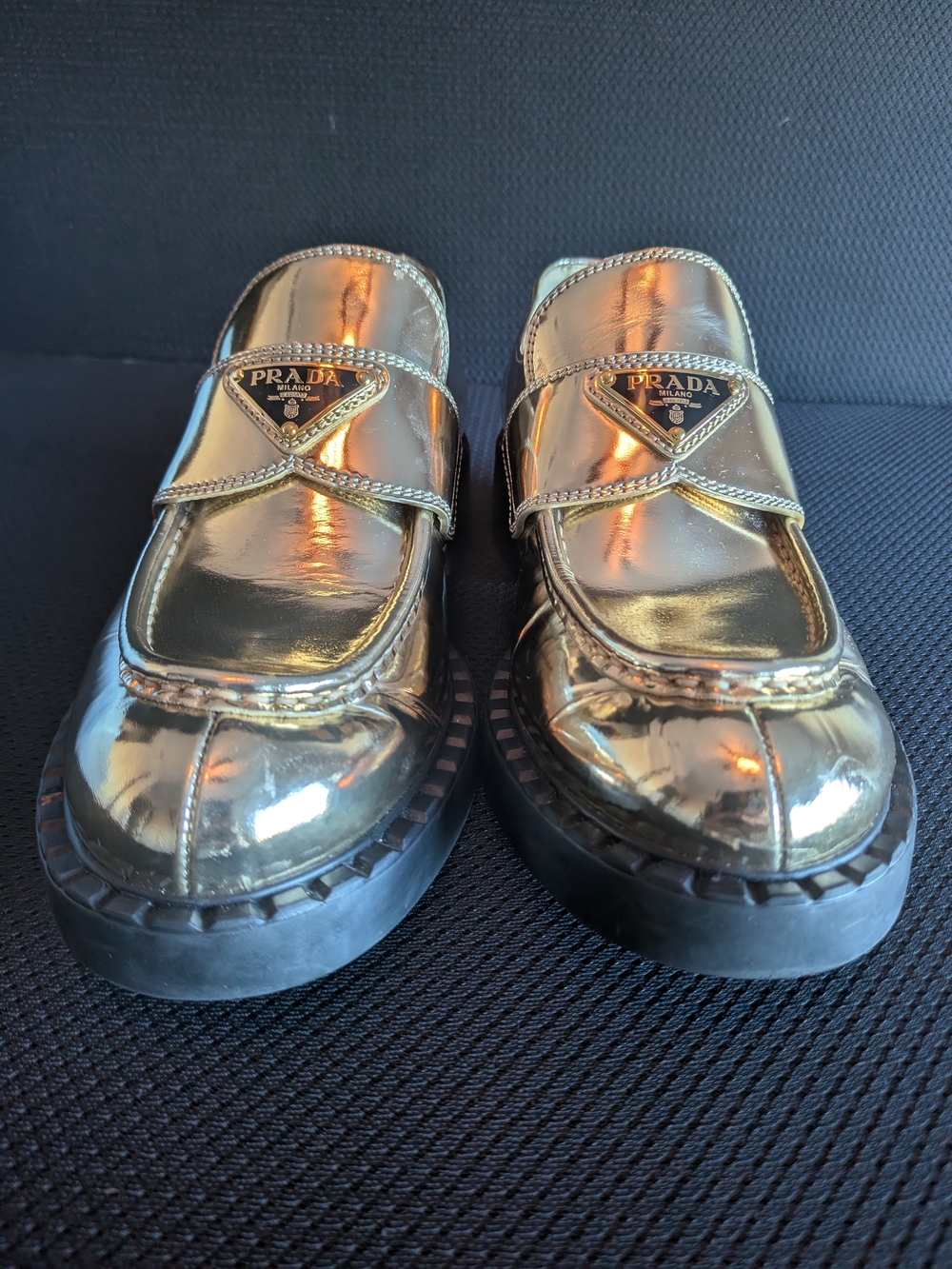 Prada Women’s Metallic Gold Leather Loafers - Picture 3 of 16